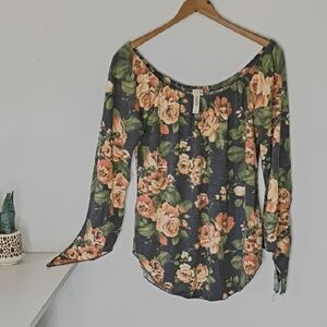 Cacia Floral Long Sleeve Top Medium Stretchy Off-Shoulder Boho Tie-Sleeve